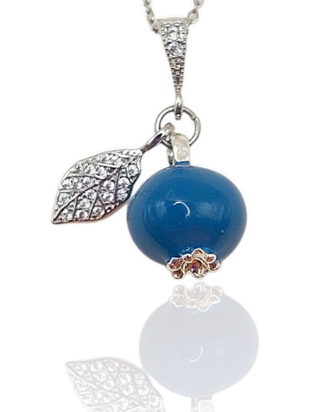 Handmade Enamel Blueberry Pendant Necklace with Crystal Leaf, Gold & Silver
